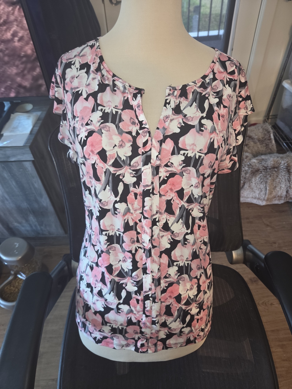 Worthington Black Blouse with Pink Floral Print